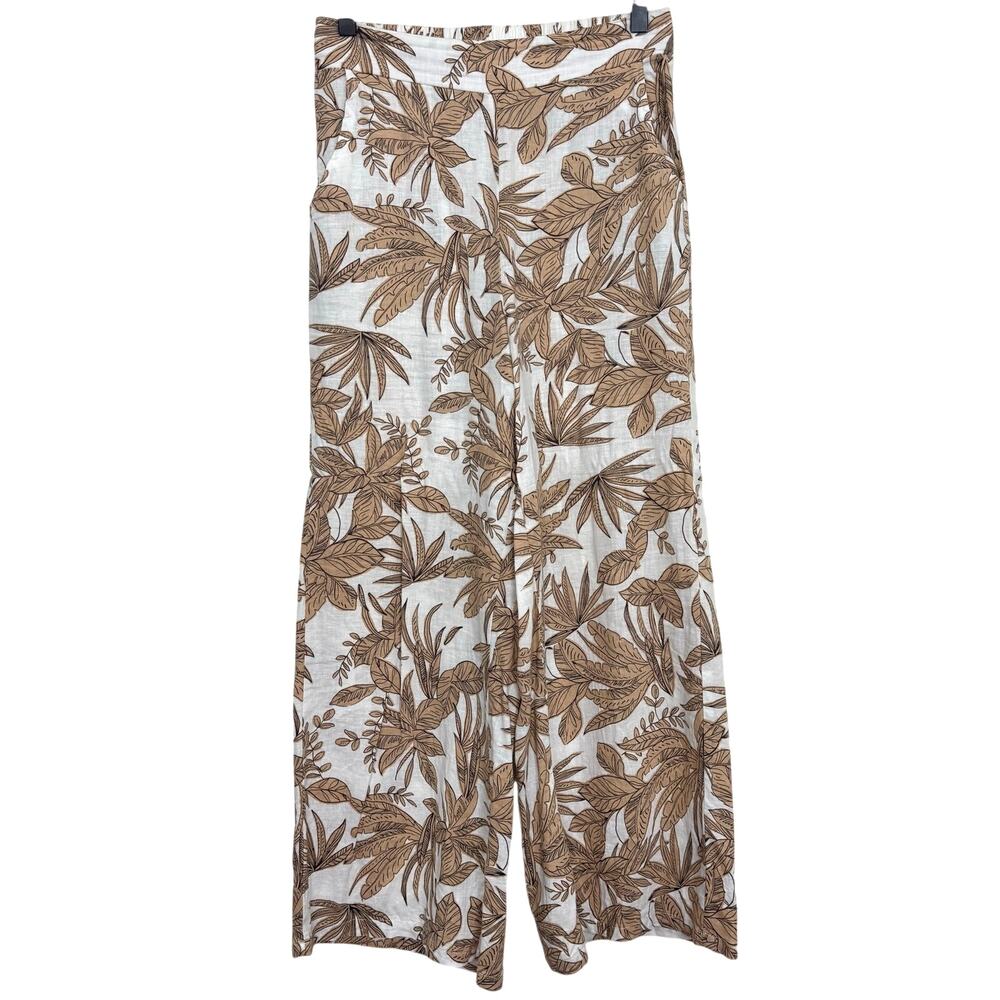 Nicole Miller High Waist Wide Leg Pants White & Beige Palm Leaf XS Linen Blend